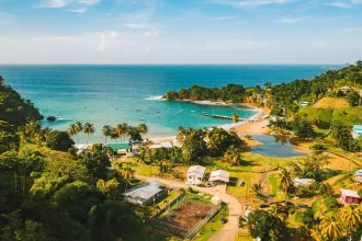 Beautiful tropical Barbados island. View of golden beach