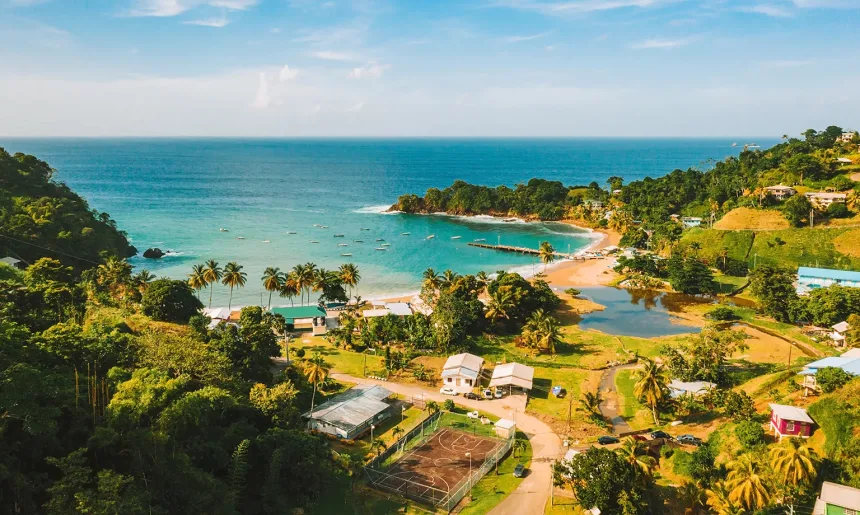 Beautiful tropical Barbados island. View of golden beach