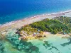 Aerial view of tropical island at Glover's Reef Atoll in Belize