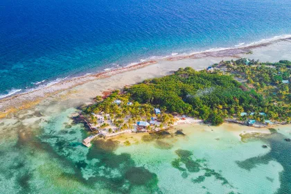 Aerial view of tropical island at Glover's Reef Atoll in Belize