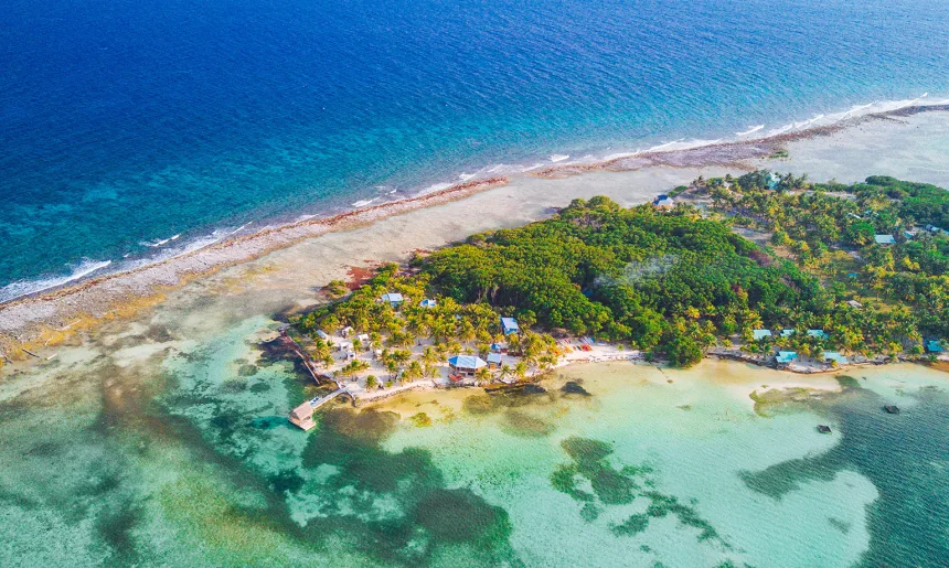 Aerial view of tropical island at Glover's Reef Atoll in Belize