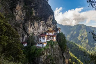 Scenic view of the sacred Paro Taktsang monastery (Tiger’s Nest)