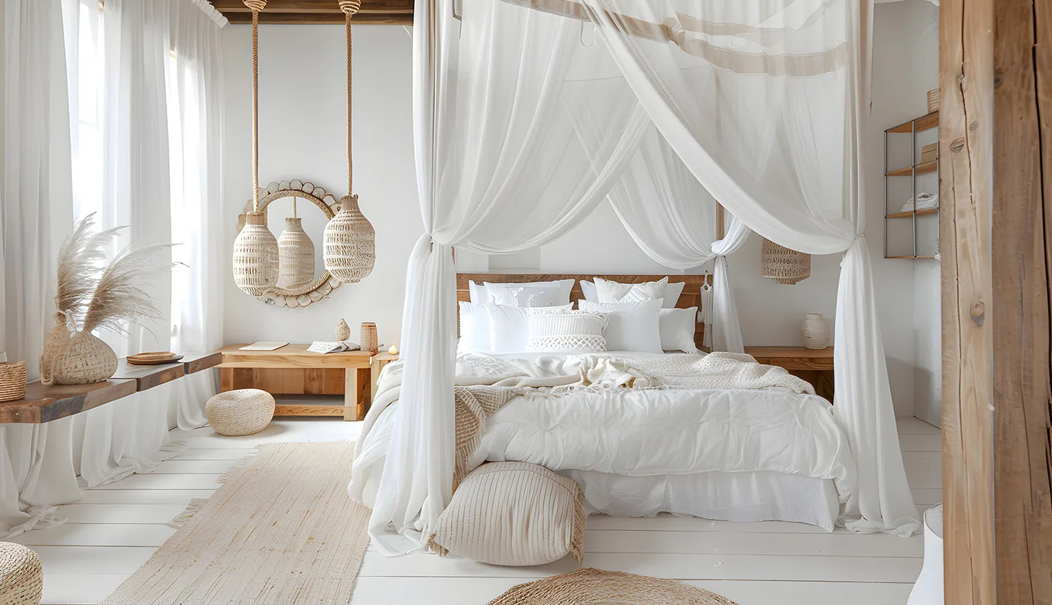 A bed with a canopy and white sheets