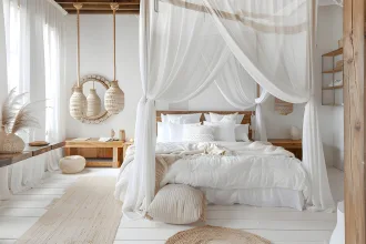A bed with a canopy and white sheets