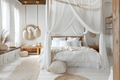 A bed with a canopy and white sheets