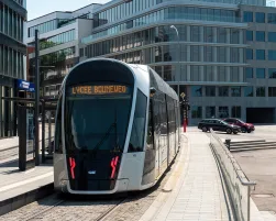 LUXEMBOURG - Arrival of Luxtram T1 Tram at a Stop