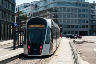 LUXEMBOURG - Arrival of Luxtram T1 Tram at a Stop