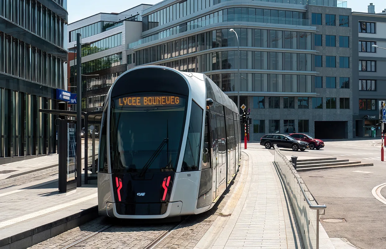 LUXEMBOURG - Arrival of Luxtram T1 Tram at a Stop
