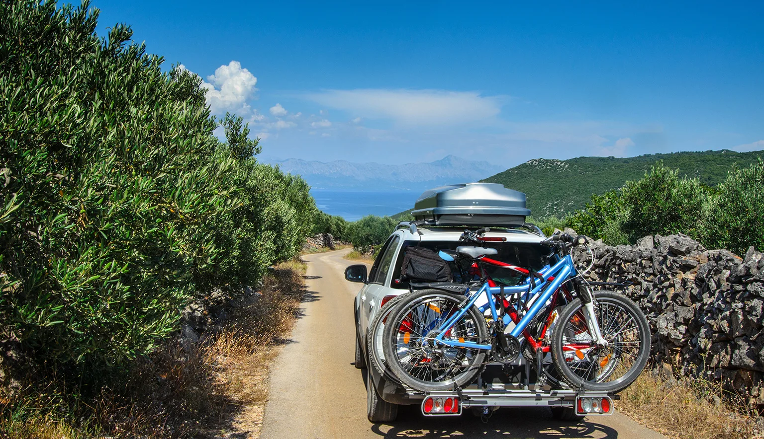 Car with roofbox and bicycle on the road in an olive grove, Hvar, Croatia