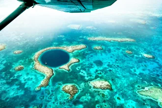 Aerial panoramic view of The Great Blue Hole - Detail of Belize