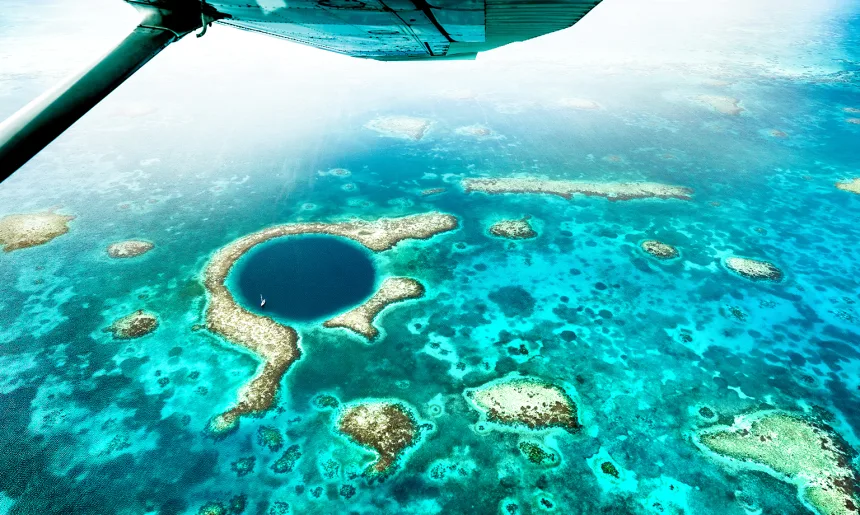Aerial panoramic view of The Great Blue Hole - Detail of Belize