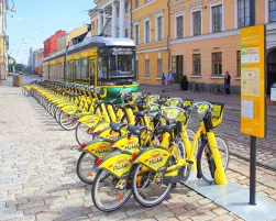 Tram and rental bicycle parking lot in Helsinki