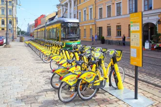 Tram and rental bicycle parking lot in Helsinki