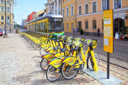 Tram and rental bicycle parking lot in Helsinki