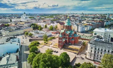 Scenic aerial view of Uspenski Cathedral in Helsinki