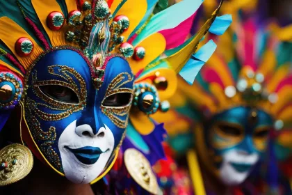 Masskara Festival revelers in Bacolod City, Philippines, wear brightly colored masks and costume