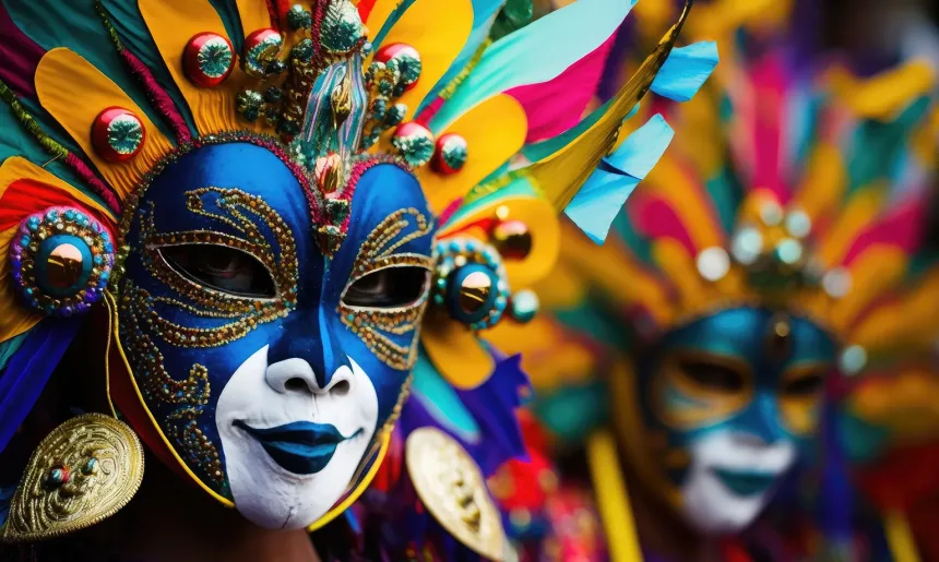 Masskara Festival revelers in Bacolod City, Philippines, wear brightly colored masks and costume