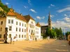 Vaduz, Liechtenstein - main square with promenade and cathedral
