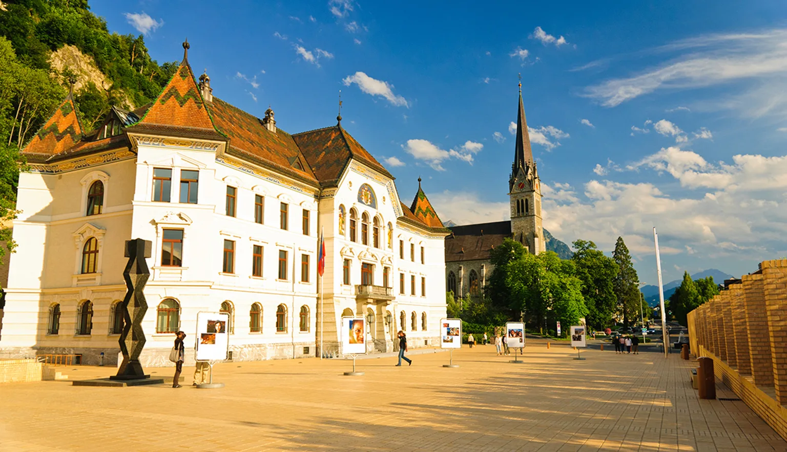 Vaduz, Liechtenstein - main square with promenade and cathedral