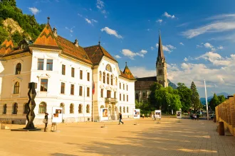Vaduz, Liechtenstein - main square with promenade and cathedral