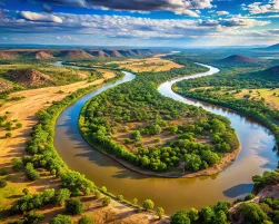 Aerial View Of The Limpopo River Winding Through The African Landscape