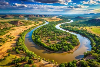 Aerial View Of The Limpopo River Winding Through The African Landscape