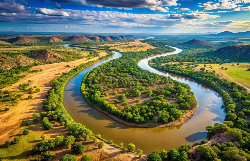 Aerial View Of The Limpopo River Winding Through The African Landscape