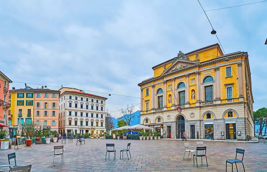Panorama of Piazza della Riforma with Palazzo Civico, Lugano, Switzerland