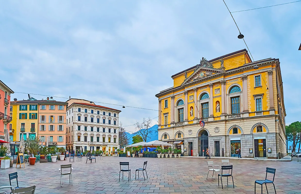 Panorama of Piazza della Riforma with Palazzo Civico, Lugano, Switzerland