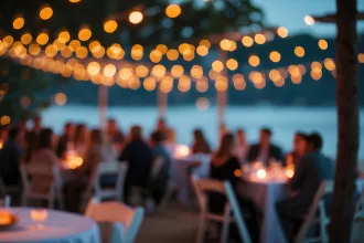 Abstract view of beach at night with blurred lights
