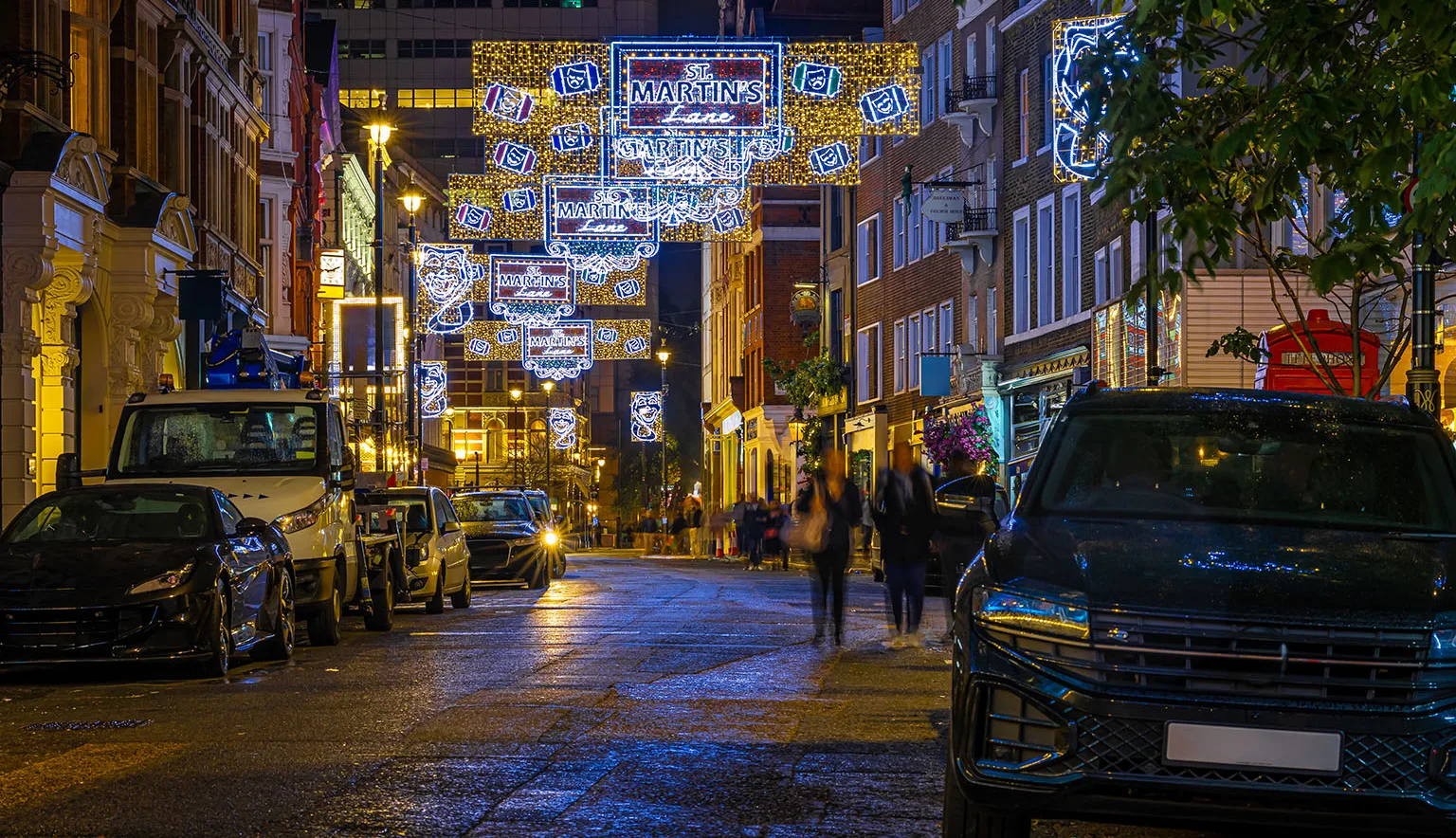 St Martin's lane in central London decorated for Christmas