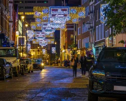 St Martin's lane in central London decorated for Christmas