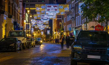 St Martin's lane in central London decorated for Christmas