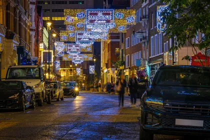 St Martin's lane in central London decorated for Christmas