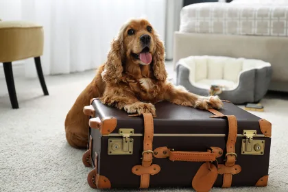 Cute English Cocker Spaniel and suitcase indoors. Pet friendly hotel