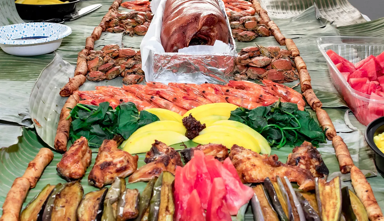 Boodle fight style of eating. A traditional Filipino way of eating