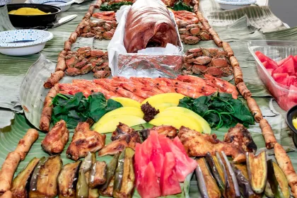 Boodle fight style of eating. A traditional Filipino way of eating