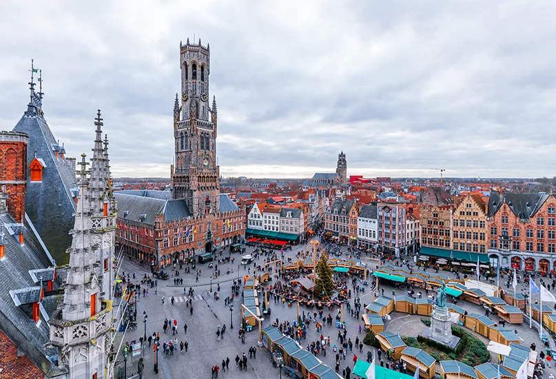 Cityscape and main square in Bruges (Belgium)