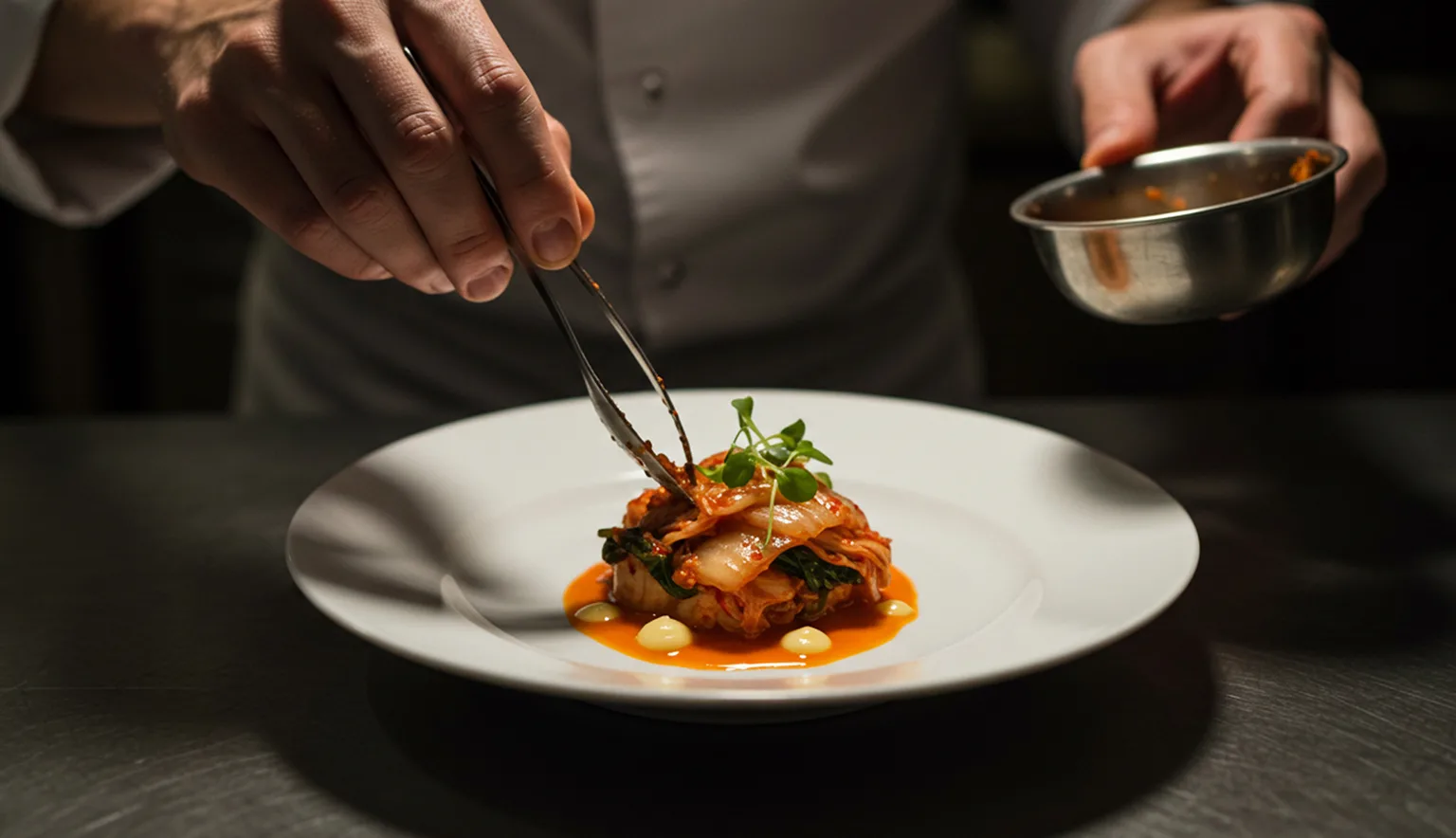 Chef preparing delicious kimchi dish