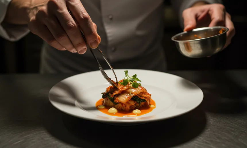 Chef preparing delicious kimchi dish