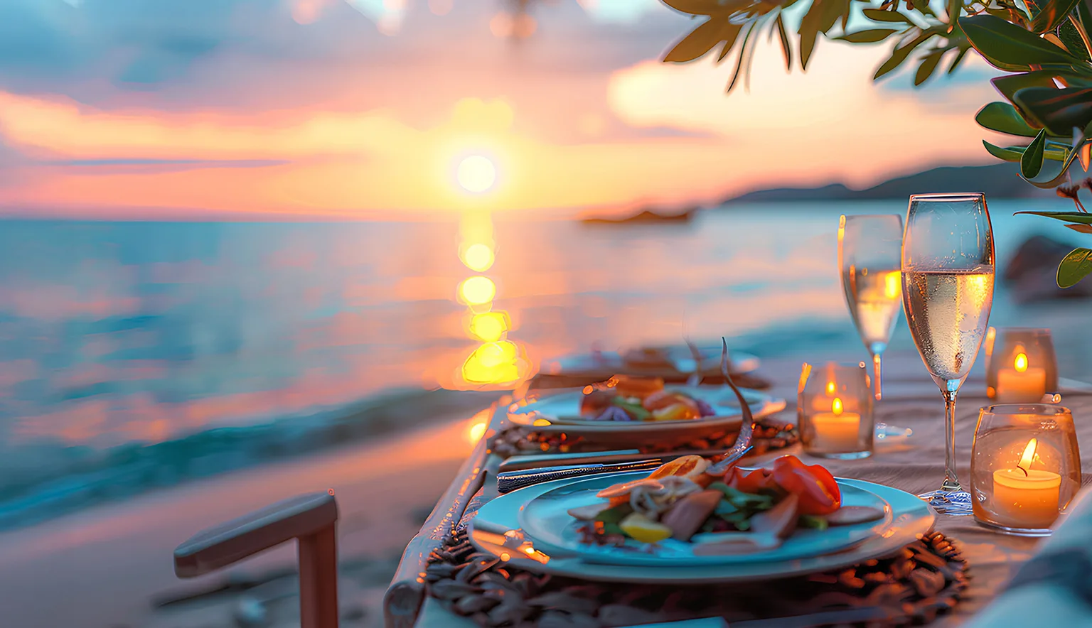 dinner served on the beach by the sea