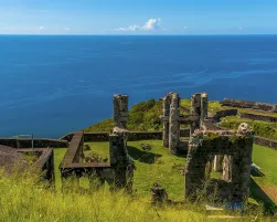 A view out to sea across the ruins of Brimstone Hill Fort in St Kitts