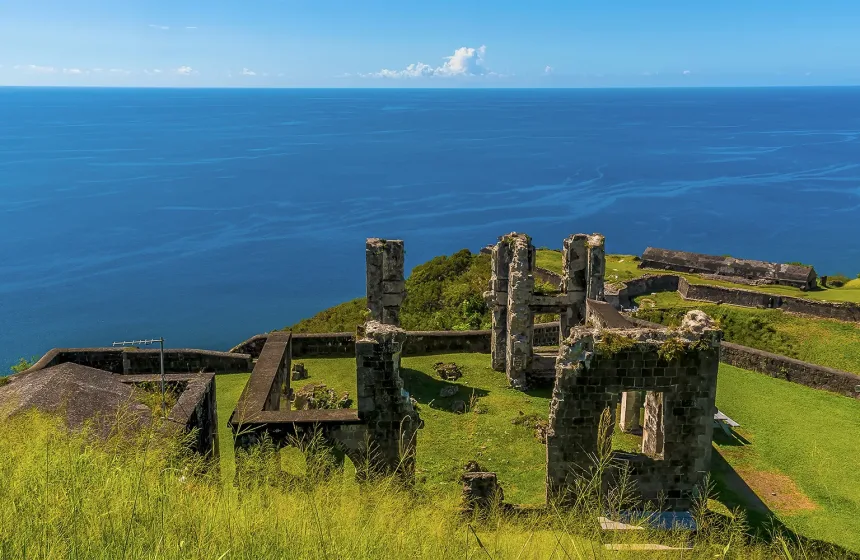A view out to sea across the ruins of Brimstone Hill Fort in St Kitts