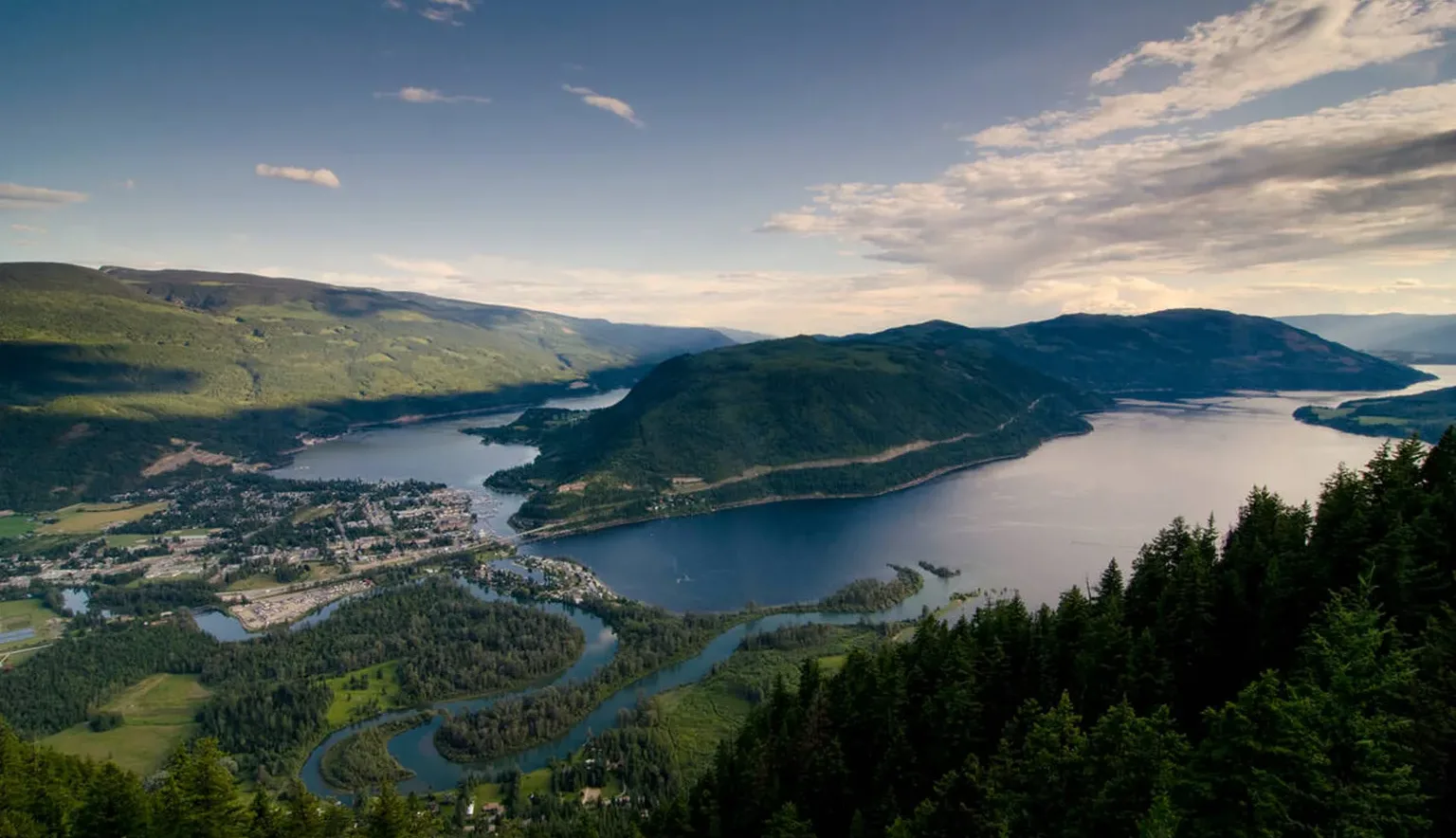 View of Sicamous, Shuswap Lake and Mara Lake from Sicamous Lookout.