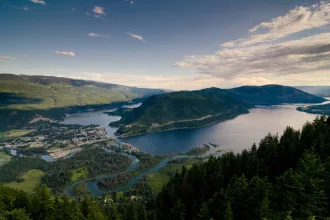 View of Sicamous, Shuswap Lake and Mara Lake from Sicamous Lookout.