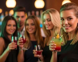 Friends enjoying cocktails at a lively bar gathering for a night out