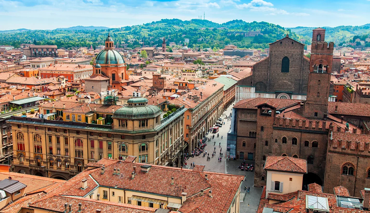 BOLOGNA, ITALY, on MAY 2, 2015. The top view on the old city