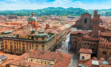BOLOGNA, ITALY, on MAY 2, 2015. The top view on the old city