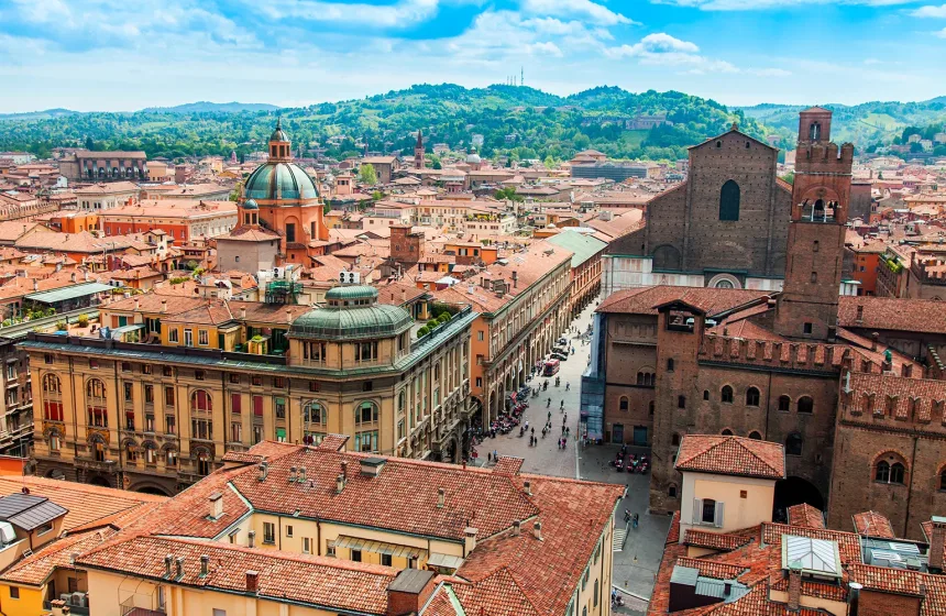 BOLOGNA, ITALY, on MAY 2, 2015. The top view on the old city
