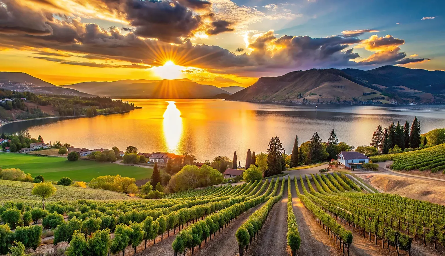 Sunset at Okanagan Lake near Penticton with vineyard